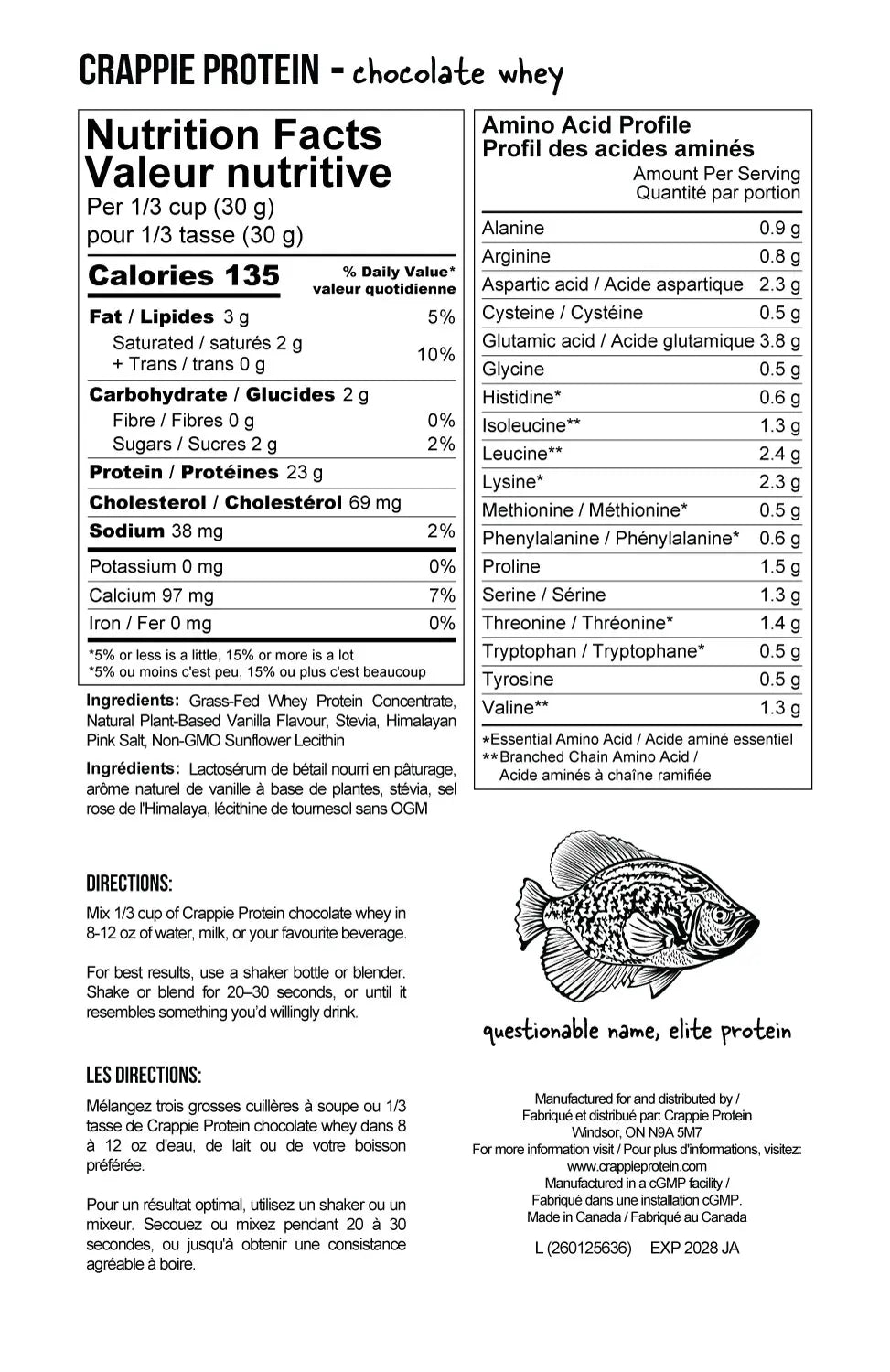 Crappie Protein: Chocolate Whey Protein Powder (30 servings)