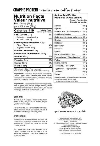 Crappie Protein Vanilla Cream Coffee & Whey Protein Powder (30 servings)